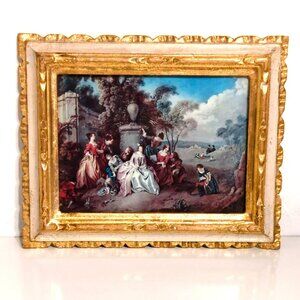 Vintage Italian Framed Miniature Jean-Baptiste Pater Print Meeting in the Park